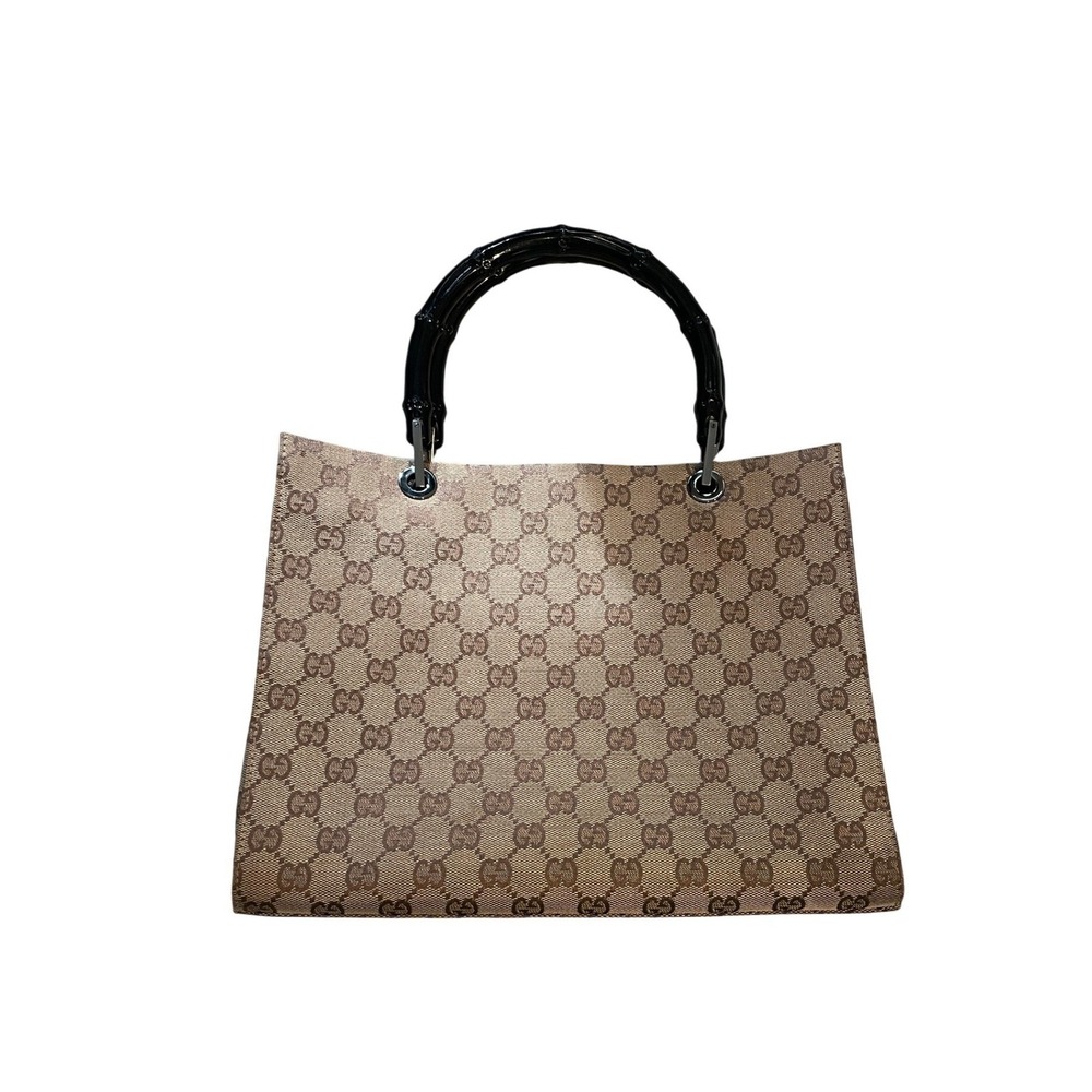 Vintage Gucci Bamboo Tote Bag GG Supreme Monogram Canvas Tan Brown